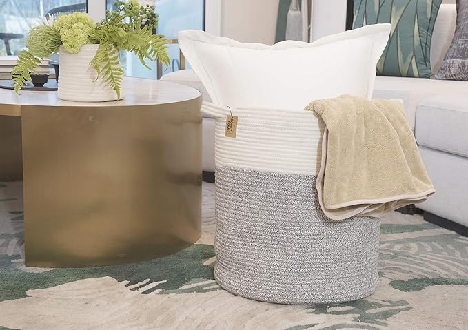 COMFY-HOMI XXL Large Laundry Basket with Handles Blanket Baskets Living Room|Woven Cotton Rope Decorative Basket Laundry Hamper Baby Basket Nursery Dog Toy Storage Organizer Bin-16”x18”-White Grey