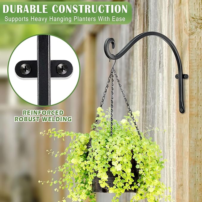 Hanging Plant Brackets Outdoor: 50 lbs Heavy Duty Metal Wall Hooks, 12 Inch Rustproof Hanging Plant Hangers for Bird Feeders, Lanterns, Balcony Fence, 2 Pack
