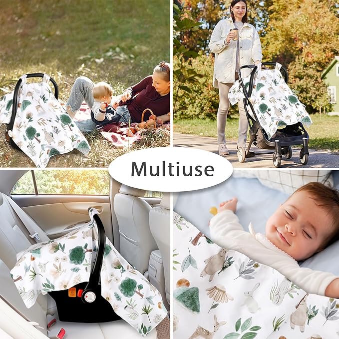 Minky Car Seat Cover for Baby Girl & Boys, Car Seat Canopy with Peep Window, Multiuse Carseat Covers Protecting Baby from Wind, Sun, Strangers, Woodland Animal