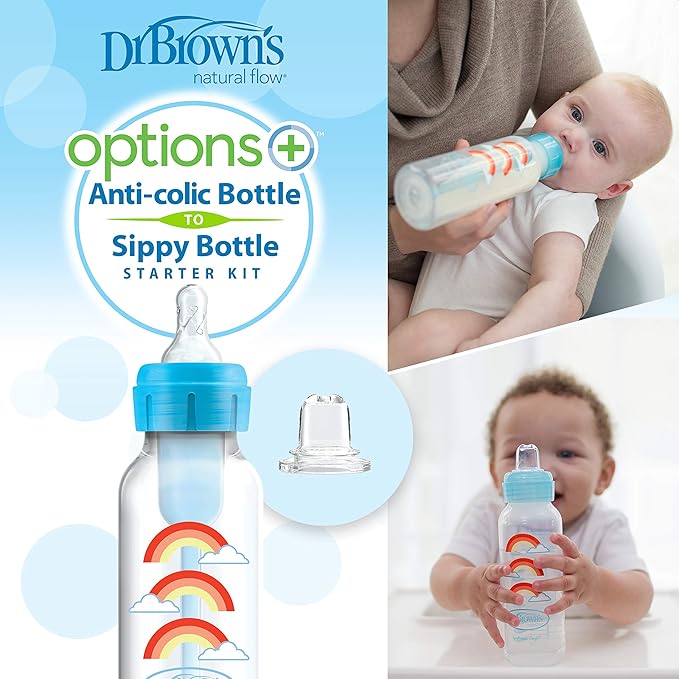 Dr. Brown's Options+ Narrow Bottle to Sippy Baby Bottle Start Kit, Single, Blue, 8 Ounce (Pack of 2)