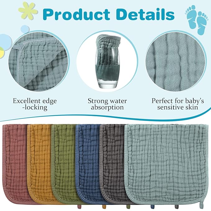 Hicarer 6 Count Muslin Burp Cloths Cotton Baby Burping Rags Large 20 x 10 Inch 6 Layers Spit up Rags Soft Absorbent Multicolor Wash Cloths Diapers for Newborn Baby Girl Boy(Elegant Colors Series)