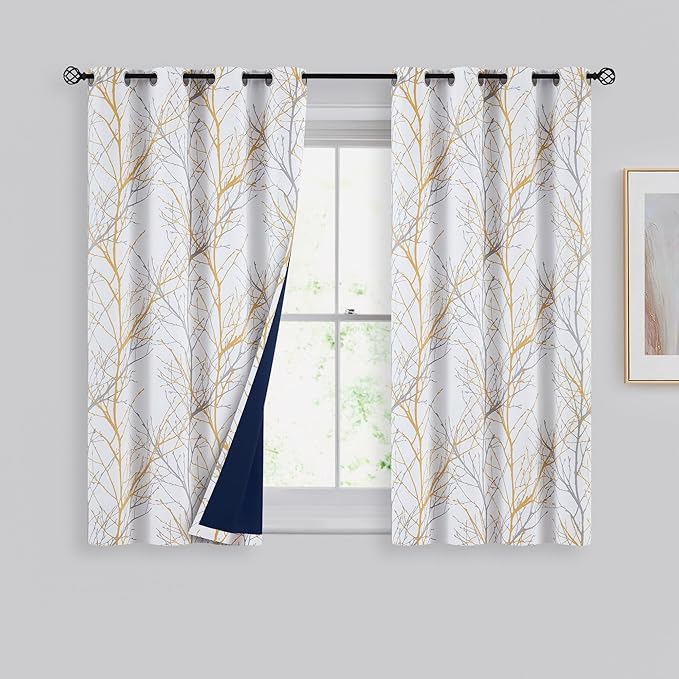 FMFUNCTEX 100% Blackout Window Curtainsfor Bedroom, Yellow White Curtains 54 Inch Length for Living Room, Room Darkening Tree Branch Curtain Panels for Basement Thermal Insulated Grommet Top 2 Panels