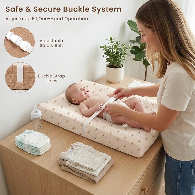 Konssy Muslin Changing Pad with Waterproof Lining Foam, Includes 2 Pack Soft & Cotton Cover, Baby Diaper Changing Pad for Dresser or Table, 32x16 inches (Sun,Camel)