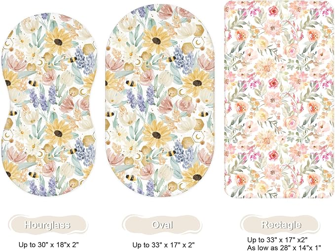 Bassinet Sheets for Baby Girls Boys 2 Pack, Fitted Baby Mattress Sheet for Rectangle, Oval, Hourglass Bassinet Mattress, Breathable Cozy & Universal Fit (Golden Meadow)