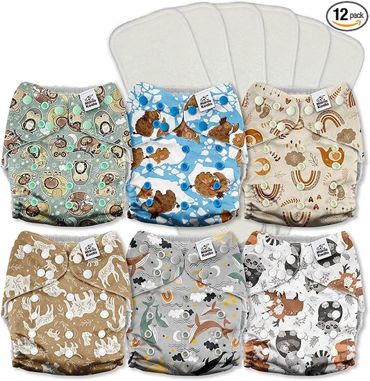 Mama Koala 3.0 Cloth Diapers for Babies with AWJ Lining, 6 Pack with 6 5-Layer Natural Cloth Diaper Inserts - Reusable and Washable Pocket Diapers(A-Animals' Love)