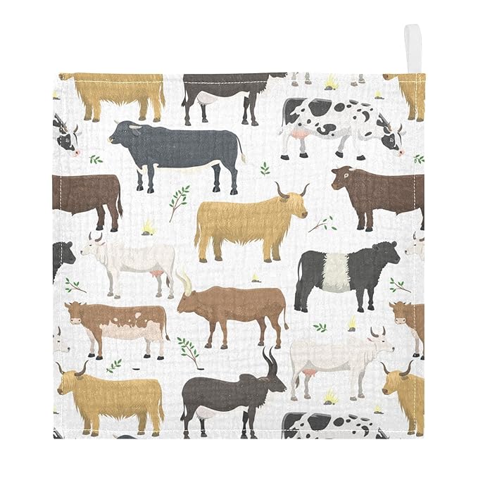 Baby Washcloths Cotton Bulls Cows Cattle Baby Muslin Washcloths Soft Baby Face Towel for Newborn Infants Baby Wipes, 11.8 X 11.8 Inch, 3 Pack White
