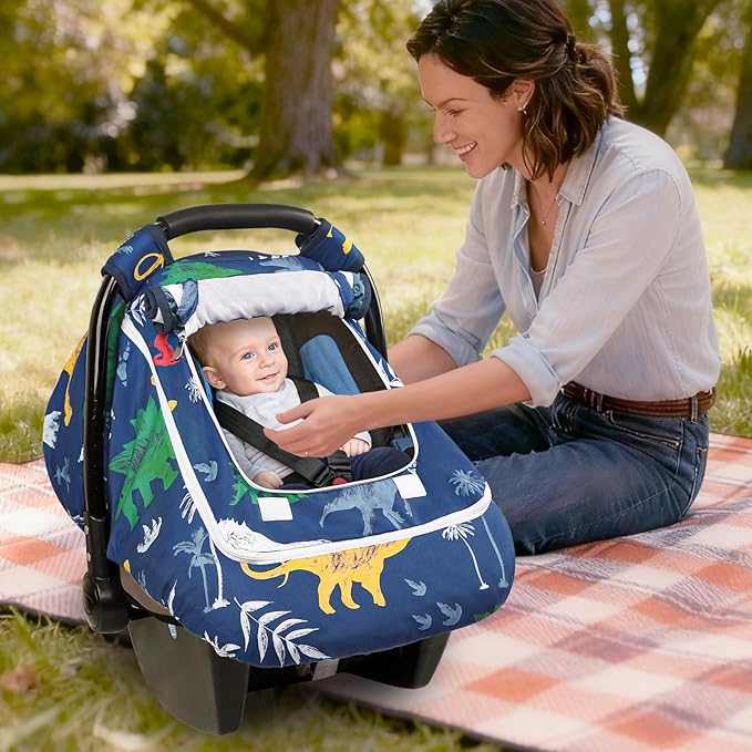 Hooyax Baby Car Seat Cover with Dual Zipper, Extra Large Mesh Window Carseat Canopy, All-Season Weather Protection for Infant Car Seats & Strollers (Dinosaur)
