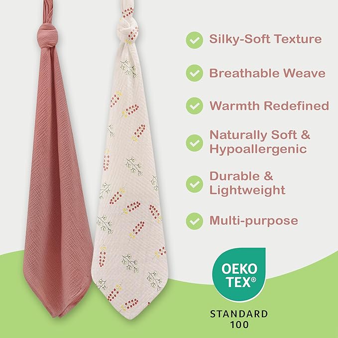 100% Organic Cotton Muslin Baby Blanket - 47x47 Inch Breathable Swaddle, Hypoallergenic Double-Layer, Versatile Use (Pink Floral, 47x47 Inch)