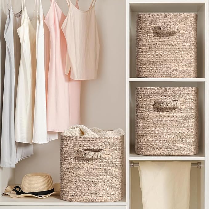 13 Inch Storage Cubes, 3 Pack Cube Storage Bins for Organizing, Cotton Rope Woven Baskets for Shelves, Bathroom, Kids Room, Closets, Baby Nursery