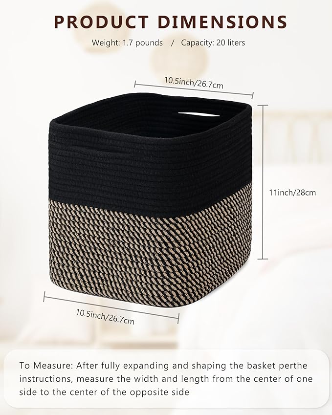 Cube Storage Bin 11" x 10.5" x 10.5" Cotton Rope Basket Square Woven Storage Basket for Shelves, Closet Organizer, Soft Towel Sock Basket, Black/Brown, 3 Pack