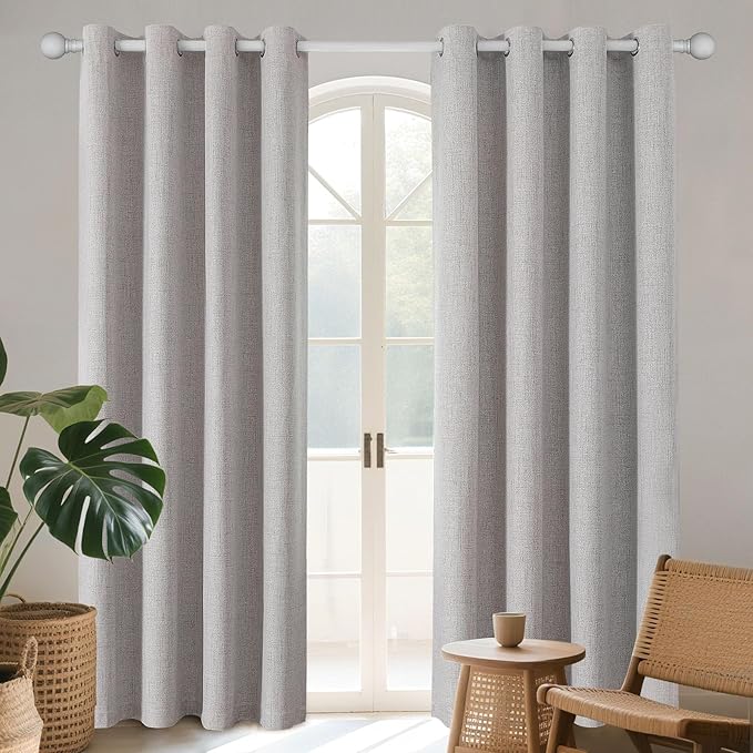 Joydeco Greyish White Black Out Curtains 72 Inch Long 2 Panels Set, Curtains 100% Blackout Room Darkening Drapes for Bedroom, Textured Drapes with Grommets for Living Room Windows