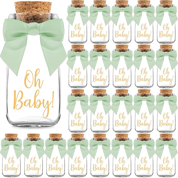 Ethisa Vintage 24 Pack Oh Baby Woodland Milk Glass Bottles with Ribbons and Stickers - Classy Baby Shower Favors for Guests and Table Centerpieces - Gender Neutral Eucalyptus Decoration - Safari Theme