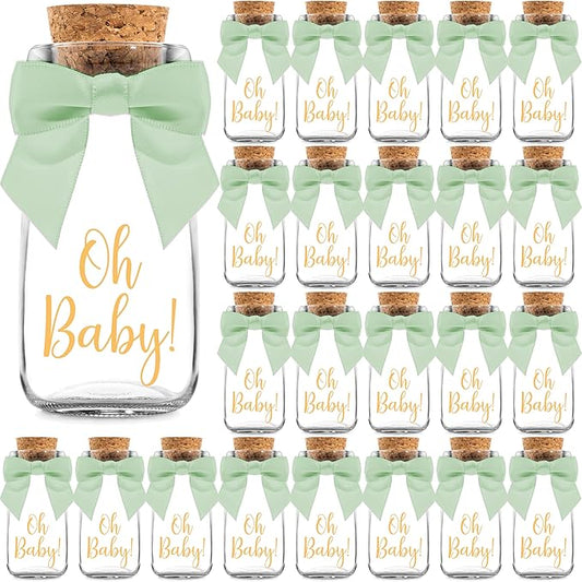 Ethisa Vintage 24 Pack Oh Baby Woodland Milk Glass Bottles with Ribbons and Stickers - Classy Baby Shower Favors for Guests and Table Centerpieces - Gender Neutral Eucalyptus Decoration - Safari Theme