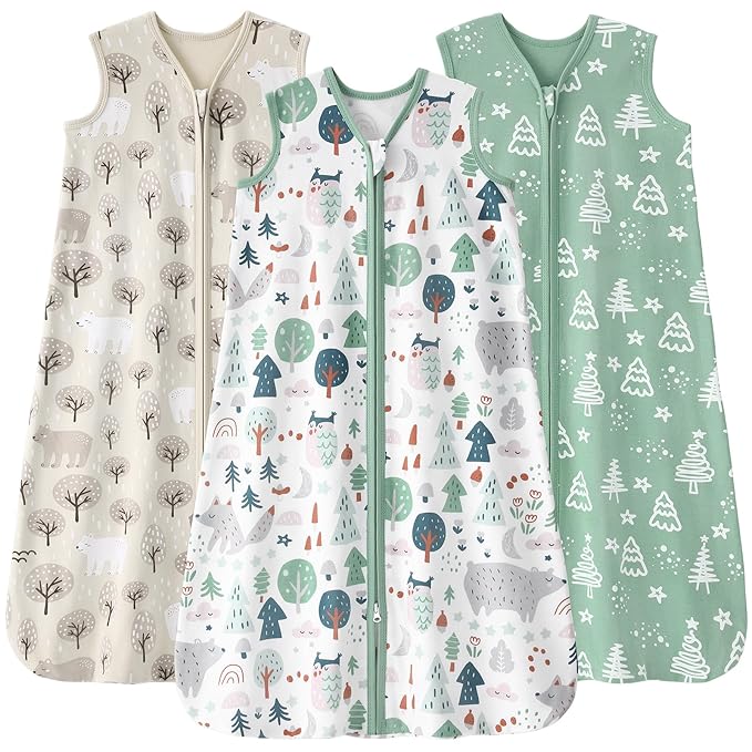 FIEMOL Baby Sleep Sack 6-12 months, 100% Cotton Sleeping Sack for Newborn and Infant, 3 Pack Baby Wearable Blanket for Boy and Girl, 0.5 Tog Lightweight Double Zipper Sleep Bag Green Apricot Bear