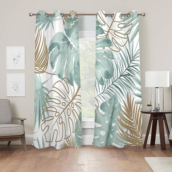 Renaiss Tropical Leaf Blackout Curtains, Green Palm Monstera Leaf Thermal Insulated Bedroom Window Curtains, Botanical Plants Window Curtains for Kitchen, 45" L x 29" W 2 Panel Set