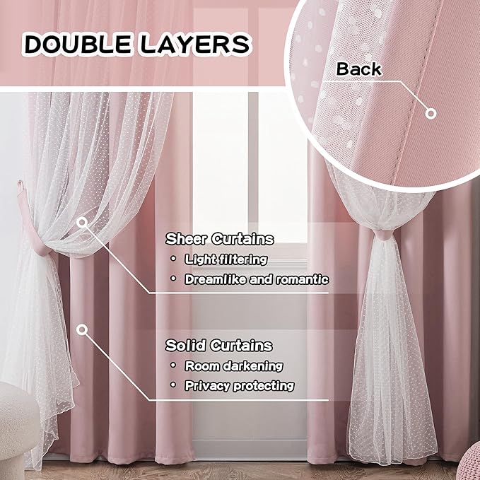 MYSKY HOME Pink Curtains for Girls Bedroom for Small Windows 54 Inch Long Nursery Kids Short Blush Princess Blackout Curtains with Polka Dots Sheer, Grommet Tops, 52" Wide, 2 Panels