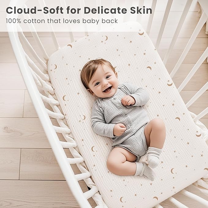 Konssy 2 Pack Muslin Bassinet Sheets for Baby Boy, 100% Cotton Soft Breathable Bassinet Mattress Sheets Fit for Hourglass Oval Cradle Rectangle Mattress (Coffee Check,Moon)