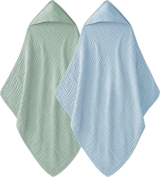 Hooded Baby Towels for Newborn - 2 Pack, 100% Muslin Cotton, Baby Bath Towels with Hood, Soft and Absorbent for Boys, Girls Infant, Toddler and Kids, Large 32x32 Inches, Newborn Essential