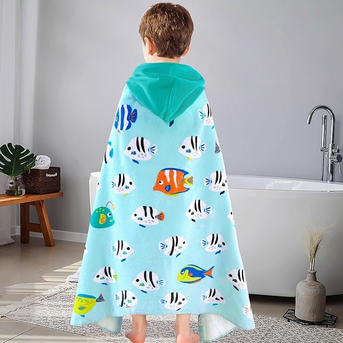 VOOVA & MOVAS Kids Beach Towels with Hood,(3-8 Years, 30''X50),Absorbent 100% Cotton Towel Wrap for Boys, Perfect for Toddler Beach, Pool, Bath, Swimming, Fish