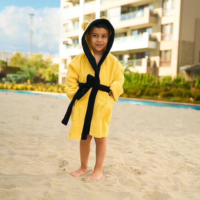 BAGNO MILANO Kids Organic Turkish Cotton Hooded Beach Cover-Up Towel, GOTS Certified, for Boys and Girls (Tiger Yellow, 5-6 Years)