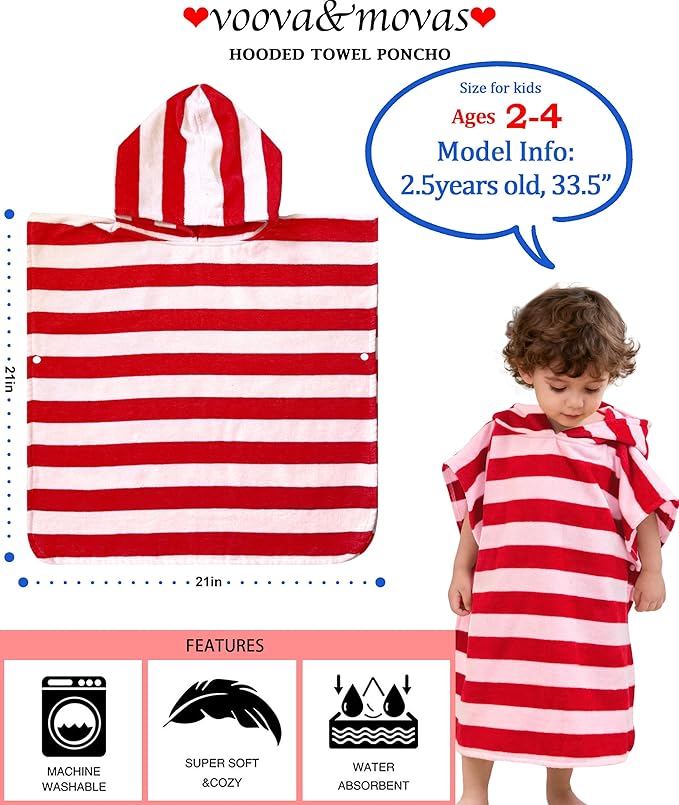 VOOVA & MOVAS Toddler Poncho Towels with Hood, Oversized (2-4Years,22"X22") Made from 100% Soft Cotton,Absorbent Hooded Towels for Baby Girl,Perfect for Pool | Swimming | Bath | Beach,Red Bar Stripe