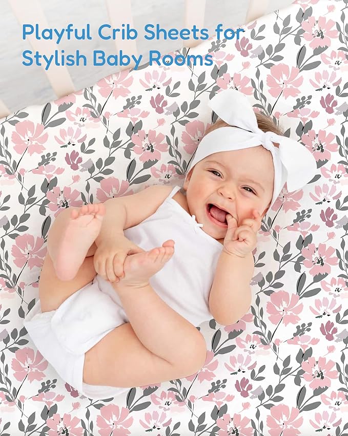 Baby Crib Sheets Boy Girl for Standard Crib Mattress - Flower&Pink Checkered Crib Sheet, Soft Jersey Knit, Breathable and Cozy, Fits 28''x52''x9'' Extra Deep Pocket