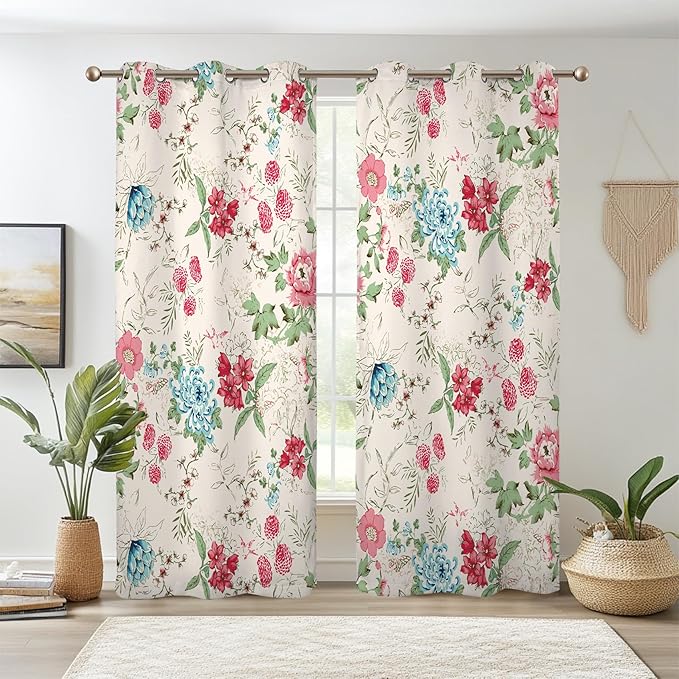Renaiss Boho Flower Blackout Curtains Wild Blue Pink Floral Thermal Insulated Window Drapes for Bedroom 42W x 96L inches 2 Panel Set Beige Window Curtain Panels for Living Room