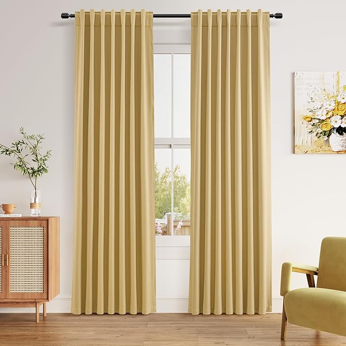 Guken 100% Blackout Curtains 80 Inch Length 2 Panels Set for Living Room Bedroom Back Tab Thermal Insulated Black Out Linen Drapes Room Darkening Window Curtains 80 Inches Long,Gold Yellow