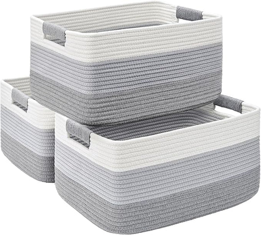 3 Pack Large Storage Basket for Organizing, 17.5"x13.5"x7.5" Woven Basket for Shelves, Closet Cube Storage Bins with Wrapped Handle, Cotton Rope Baskets for Kitchen, Clothes, Toys(Gradient Grey)