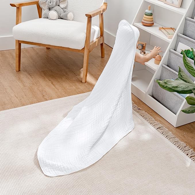 Comfy Cubs Hooded Baby Towel 2-Pack, Large 32 x 32 Inch - 6 Layer 100% Muslin Cotton for Babies, Toddlers and Kids - Soft & Absorbent Baby Bath Towels - Unisex Design for Bath Time - White