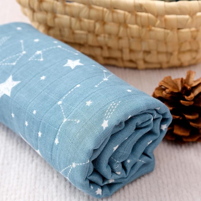 Happy Flute 3 Set Muslin Swaddle Blankets,Essential Baby&Newborn Swaddling,Perfect for Boys&Girls,Receiving Blankets,Nursing,Stroller Cover,Large 47.2x43.3 inches Swaddle Wrap Burping Clothes. (Blue)