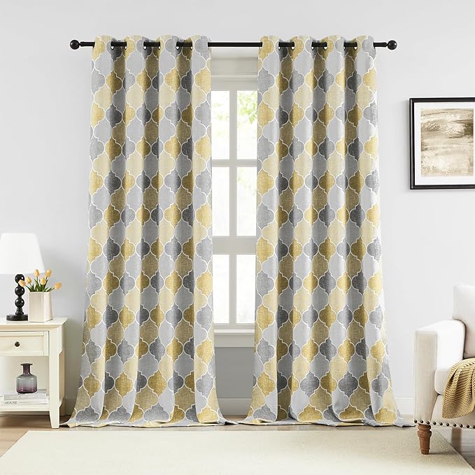 Gray Yellow Full Blackout Curtains 84 Inches Long for Bedroom Living Room Moroccan Geo Print Window Panels Thermal Insulated Room Darkening Privacy Grommet Top Drapes, 52x84, 2 Panels
