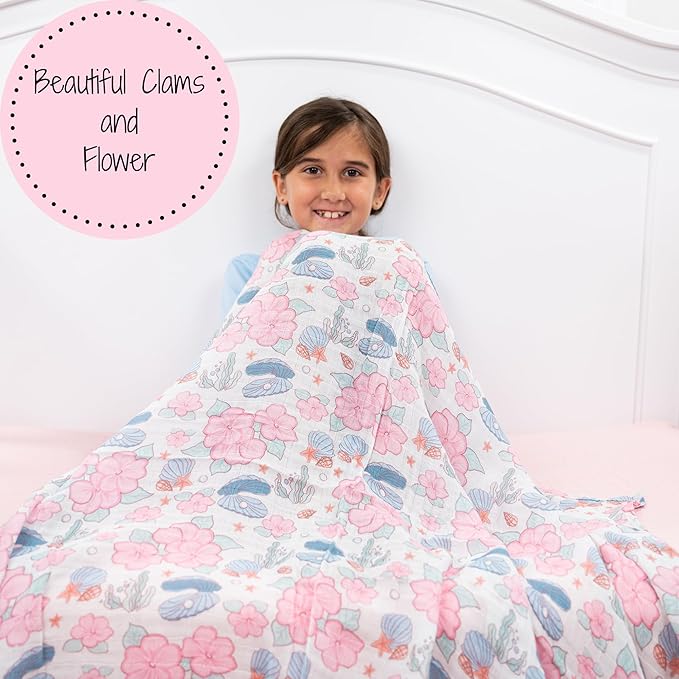 LollyBanks Baby Swaddle Blanket for Girls, 100% Cotton Soft and Breathable Muslin Swaddle Blanket 47 x 47 Inches, Lightweight Newborn Blankets, Baby Essentials Must Haves (Clams Flower Print)