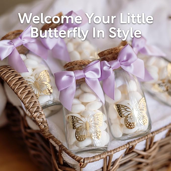Ethisa Vintage 12 Pack Butterfly Party Favor Glass Bottles with Ribbons and Stickers - Classy Baby Shower and Birthday Favors for Guests and Table Centerpieces Decorations - Purple Theme Candy Jar