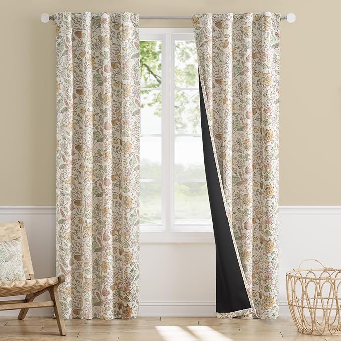 Vangao Yellow Nursery Curtains for Girls Room Easter Floral 100% Blackout Curtains 84 Inch Length Farmhouse Drapes for Bedroom Room Darkening Flower Patterned Window Treatment for Kids Set of 2