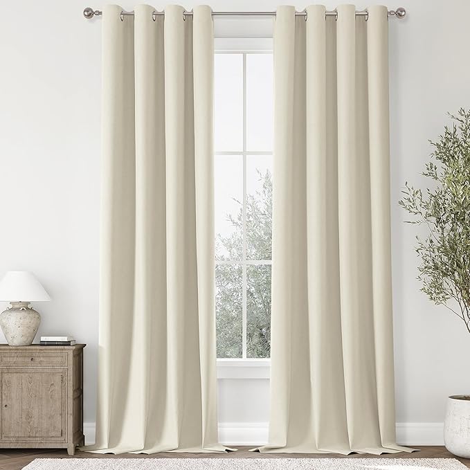 ChrisDowa 100% Blackout Birch Solid Curtains 90 Inches Long 2 Panels for Bedroom Living Room,Farmhouse Room Darkening Thermal Insulated Soundproof Grommet Top Window Treatment Drapes,52x90