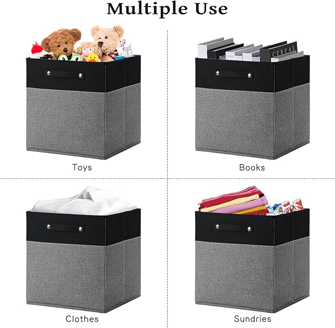 13 x 13 Inch Fine Linen Storage Bins with Handles，Fabric Cube Boxs，Basket Organizers for Shelves for Home, Closet Drawers (Black/Gray-4 Pack)