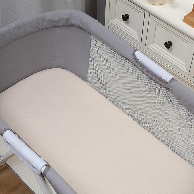 Onacosht Muslin Bassinet Sheets 3 Pack, 100% Cotton Baby Fitted Sheet 33" X 17" for Standard Rectangle Round Oval and Hourglass Bassinet Mattress, Beige Green and Blue