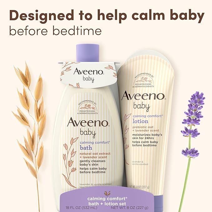 Aveeno Baby Calming Comfort Bath & Body Lotion Set, Nighttime Baby Skin Care Products with Nourishing Oatmeal Plus Relaxing Lavender & Vanilla Scents, Paraben- & Phthalate -Free, 2 Items | Calming Comfort, Nighttime, Natural Oat, Lavender, Vanilla Scen...