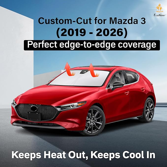 Econour Windshield Sun Shade for Mazda 3 2019-2024 2025 2026 Mazda3 Accessories Hatchback/Sedan Custom Fit Sunshade Foldable Sun Visor Protector Blocks UV Rays Keep Your Car Cooler