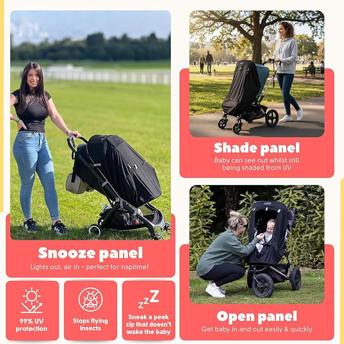 SnoozeShade Plus Extra, Stroller Sun Shade, Mosquito Net for 6m+ Babies, Blocks 99% of UV (UPF 50+) Universal Fit Blackout Sleep Cover with Peekaboo Window, Breathable Mesh Canopy for Single Strollers