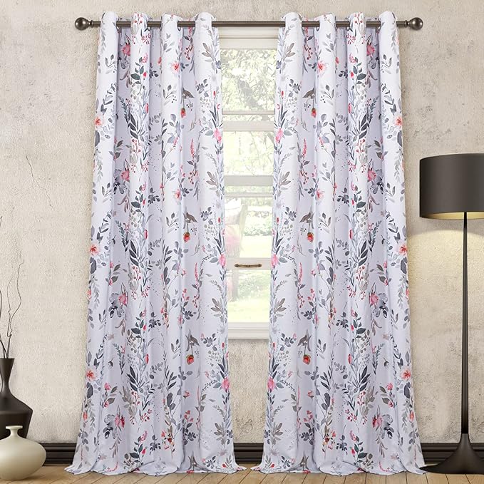 MYSKY HOME Floral Curtains Living Room Curtains 84 inch Length Room Darkening Curtains Energy Saving Thermal Insulated Window Curtain Grommet Top for Bedroom Dining Room, 2 Panels, Red and Gray