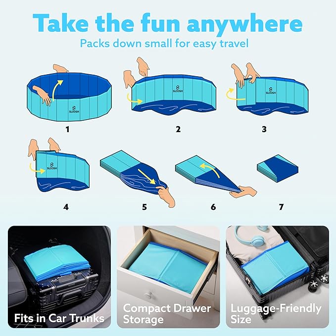 SLOOSH Foldable Dog Kiddie Pool - Portable Hard Plastic Doggie Swimming Pool, Anti-Slip Collapsible Pets Bath Tub Suitable for Kids Toddler Indoor Outdoor Backyard Use (Blue, 63" x 12")