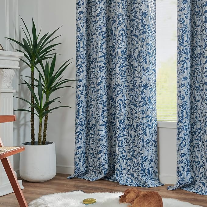 jinchan Blackout Curtains for Bedroom 84 Inches Long Blue Scroll Floral Window Curtains for Living Room Farmhouse Vintage Drapes Thermal Insulated Grommet Window Treatments 2 Panels