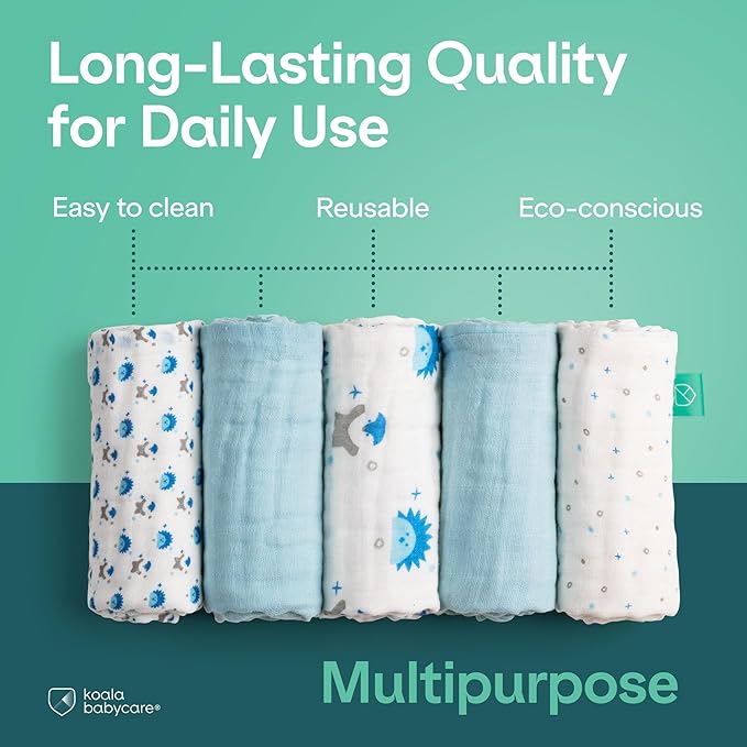 Koala Babycare 5 Pack 20"x10" Muslin Burp Cloths for Baby Boys and Girls - GOTS & Oeko-TEX Cotton Burp Rags for Newborns - Absorbent Neutral Burping Cloths for Feeding - Washable Baby Bibs Essentials