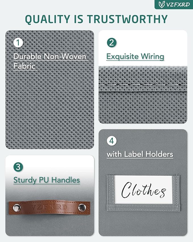10.5 Inch Storage Cubes with Labels, 6-Pack Non-Woven Fabric Bins with Handles, Foldable Organizer for Closet, Shelf, Bedroom, Home Organization (Gray)