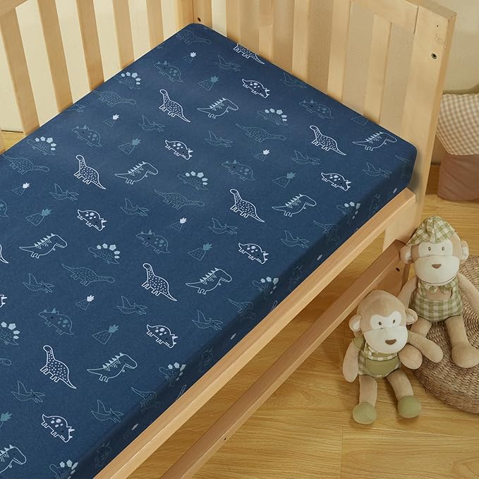 Dreamology Cotton Crib Sheets,2-Pack,Standard Crib Sheets Boys,Girls,100% Cotton Crib sheets,Baby Crib sheet,Cotton Crib Sheet Fitted and Toddler Bed Sheets,52x28 Crib Mattress Sheet | Dino,Denim Blue