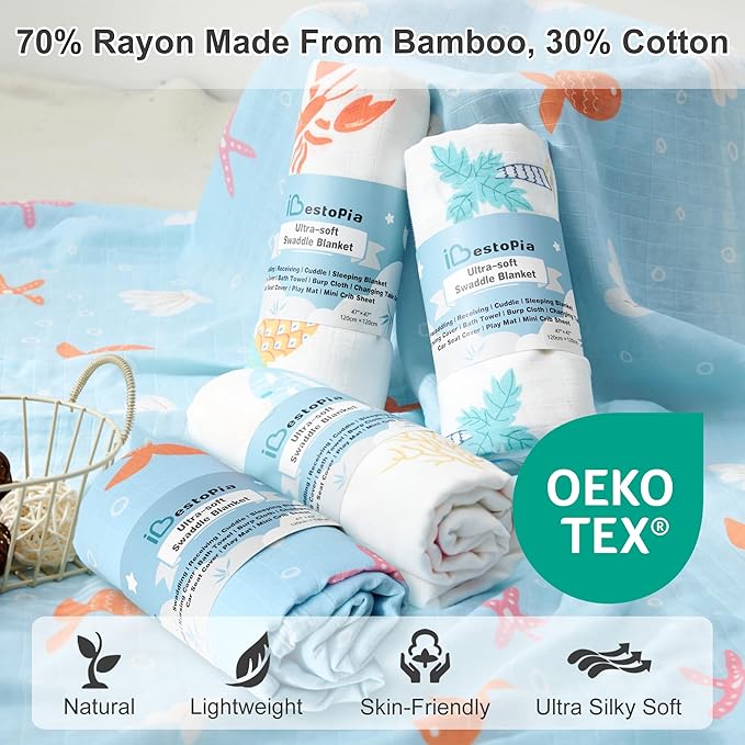 Muslin Swaddle Blankets for Newborn, 4-Pack Breathable Receiving Baby Blanket, Large 47 x 47 Inches Swaddling Wrap for Boys and Girls (Ocean Adventure)