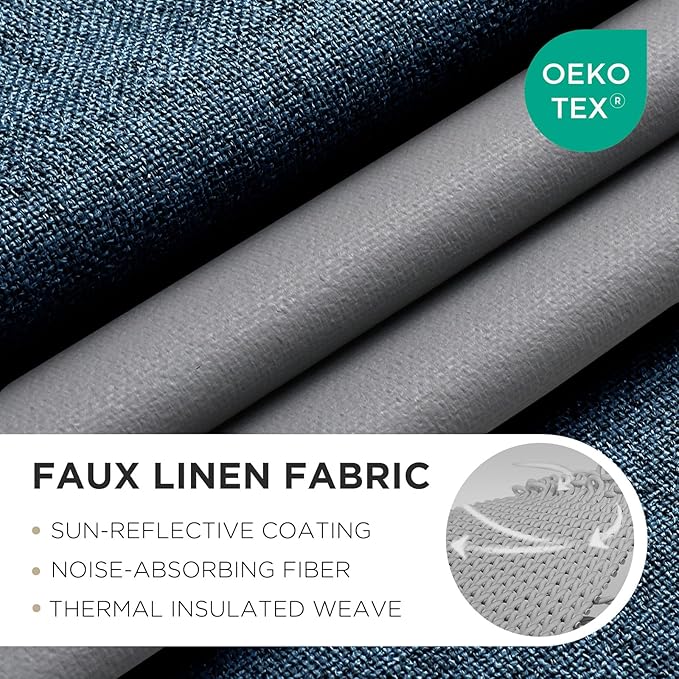 Joydeco Denim Blue Curtains 96 Inch Long Blackout Curtains 2 Panels Set, Faux Linen 100% Black Out Curtains for Bedroom, Thermal Insulated Grommet Room Darkening Drapes for Living Room