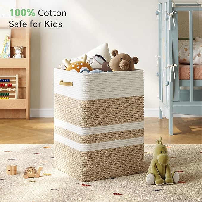 87L Laundry Hamper,Laundry Basket with Leather Handles,Woven Storage Basket for Toys,Pillows,Blankets,Clothes,Brown&White